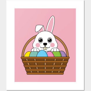 Cute White Bunny Colorful Easter Egg Hunt Basket Posters and Art